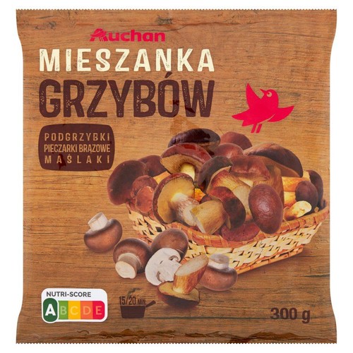 Mieszanka grzybów Auchan 300g. Na opakowaniu ilustracja podgrzybków, pieczarek brązowych i maślaków w wiklinowym koszu.