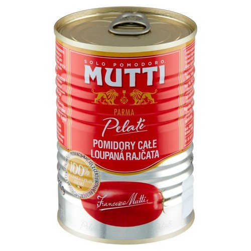 Czerwono-srebrna puszka Mutti z całymi pomidorami bez skórki. Etykieta z logo marki i informacją o produkcie. 400g.