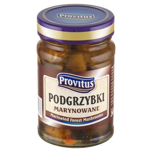 Produkt Provitus: marynowane podgrzybki w przezroczystym szklanym słoiku. Grzyby są zanurzone w ciemnej zalewie. Na etykiecie widoczna nazwa marki i produktu. Słoik zamknięty niebieską zakrętką.