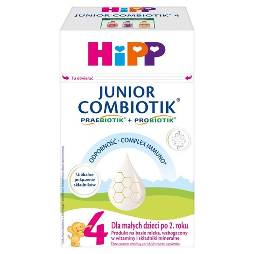 Opakowanie HiPP Junior Combiotik 4. Mleko modyfikowane dla dzieci powyżej 2 lat, z witaminami i minerałami.