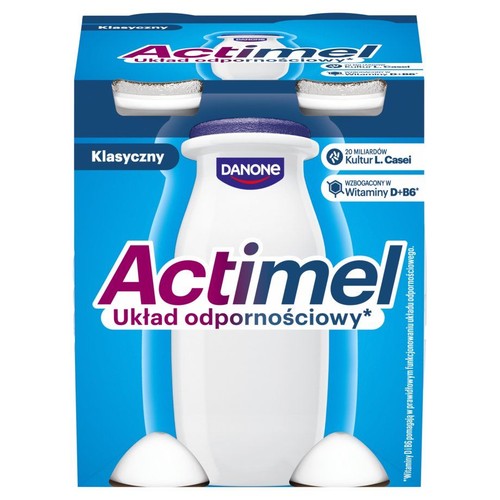 Opakowanie Actimel Klasyczny, 4 butelki. Napój probiotyczny Danone wzbogacony witaminami D+B6, wspiera układ odpornościowy.