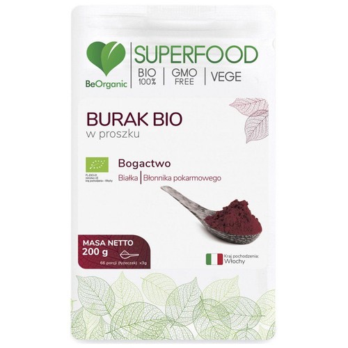 Białe opakowanie BeOrganic Burak BIO w proszku. Na etykiecie napis "SUPERFOOD" oraz certyfikaty BIO, bez GMO, VEGE. Grafika przedstawia łyżkę z ciemnoczerwonym proszkiem. Masa netto 200 g.