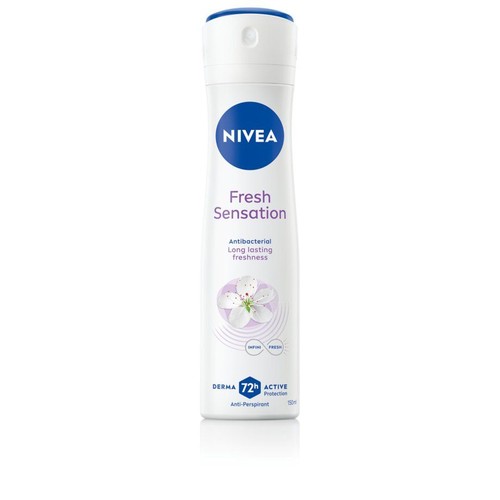 Smukła, biała puszka antyperspirantu NIVEA Fresh Sensation, 150 ml. Z niebieskim logo i grafiką kwiatów.
