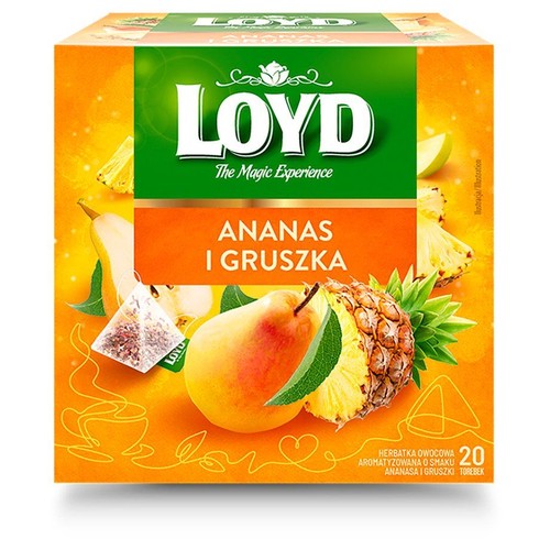 Opakowanie herbaty LOYD Ananas i Gruszka. Na pomarańczowym tle ilustracje ananasa, gruszki i torebki herbaty. 20 torebek.