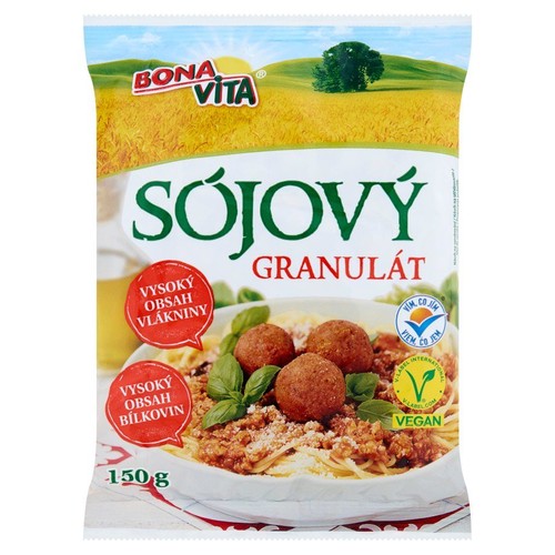 Bona Vita Granulat sojowy 150g. Wegański, z wysoką zawartością błonnika i białka. Na opakowaniu grafika posiłku z sosem i klopsikami.