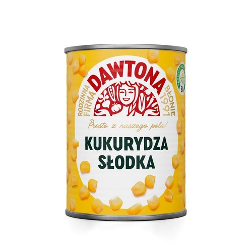 Puszka kukurydzy słodkiej marki Dawtona. Etykieta z grafiką ziaren kukurydzy i hasłem "Prosto z naszego pola!".