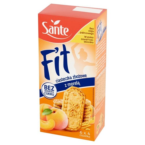 Sante Fit ciasteczka zbożowe z morelą. Bez dodatku cukru i oleju palmowego. Wysoka zawartość błonnika.