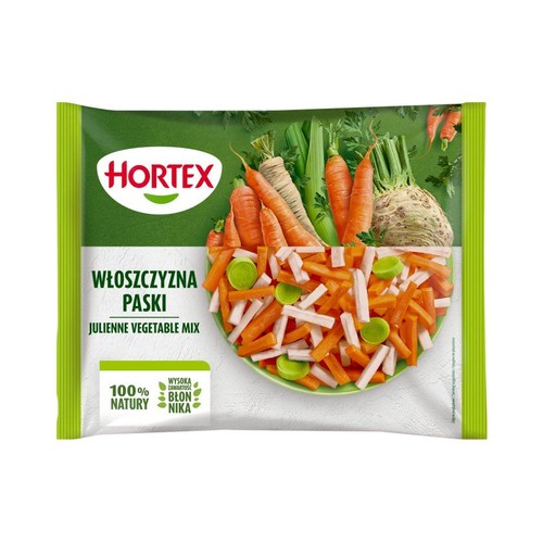 Hortex Włoszczyzna Paski, mieszanka warzyw julienne w zielono-białym opakowaniu. Zawiera marchew, pietruszkę, seler.