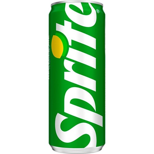 Wysoka, zielona puszka napoju gazowanego Sprite. Na puszce widnieje duże, białe logo "Sprite" ułożone pionowo. Litera "i" w logo jest stylizowana na plasterek cytryny i limonki w kolorach żółtym i zielonym. Górna i dolna część puszki są srebrne.