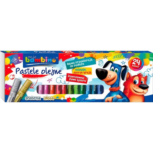 Kartonowe opakowanie pasteli olejnych Moje Bambino, zawierające 24 intensywne, żywe kolory. Na pudełku widoczne są rysunki psa i kota, a także wyróżnione pastele srebrna i złota. Pastele są miękkie i dobrze kryjące.