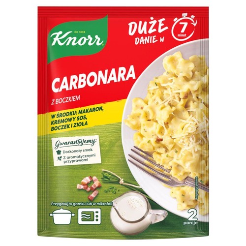 Opakowanie Knorr Carbonara z boczkiem, duże danie na 2 porcje, gotowe w 7 minut. Na grafice makaron z sosem i boczkiem.