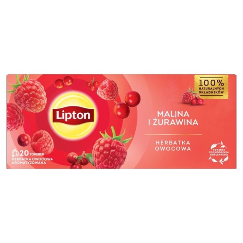 Lipton herbatka owocowa Malina i Żurawina, 20 torebek, z grafiką malin i żurawin.