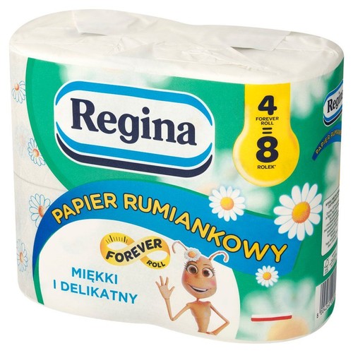 Papier toaletowy Regina Rumiankowy, 4 rolki Forever Roll, czyli 8 standardowych rolek. Opakowanie z grafiką stokrotek i mrówki.
