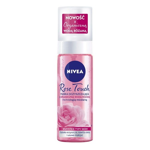 Nivea Rose Touch, nowa pianka oczyszczająca z organiczną wodą różaną i technologią micelarną. Produkt w przezroczystej butelce z pompką, z grafiką różowego kwiatu. Głęboko oczyszcza, nawilża skórę i usuwa makijaż. Przeznaczona do wszystkich typów skóry.