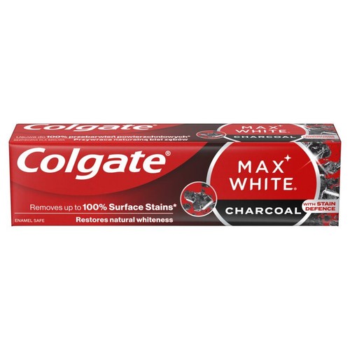 Pasta Colgate Max White Charcoal w tubce. Bezpieczna dla szkliwa, usuwa do 100% przebarwień.