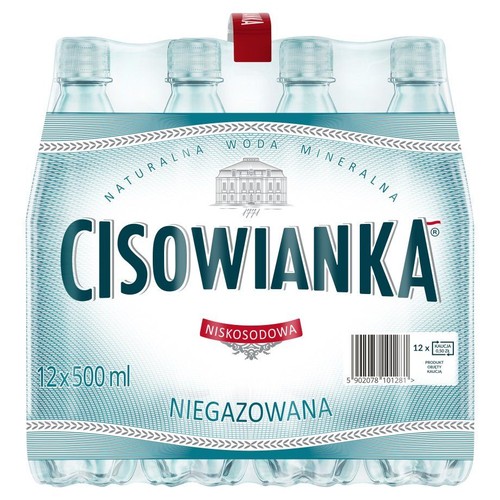 Zgrzewka 12 przezroczystych butelek wody mineralnej Cisowianka Niegazowana, każda o pojemności 500 ml. Woda jest naturalna, niskosodowa. Na etykiecie widnieje stylizowany pałac z datą 1771 oraz nazwa produktu.