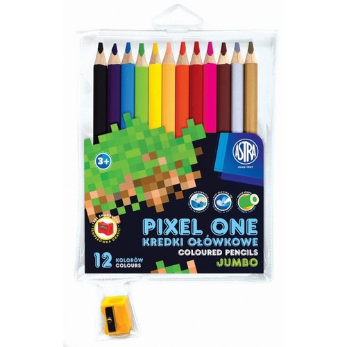 Zestaw 12 kredek ołówkowych Astra Pixel One Jumbo z temperówką. Opakowanie z pikselową grafiką i napisem "3+".