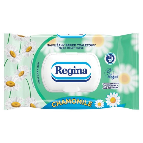 Opakowanie nawilżanego papieru toaletowego Regina Chamomile. Z ekstraktami z rumianku i aloesu, spłukiwalny.