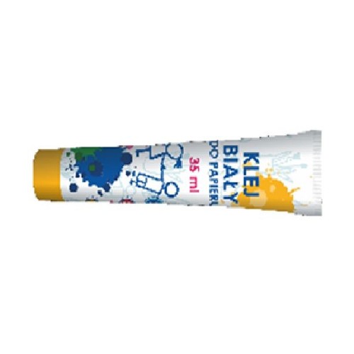 Tubka białego kleju do papieru 35 ml, z żółtą zakrętką. Na białym tle opakowania widoczne są barwne plamy farby i szkice, takie jak ludzik i domek, sugerujące produkt dla dzieci.