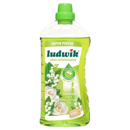 Płyn uniwersalny Ludwik Super Połysk o zapachu konwalii i białej róży. Butelka wykonana w 80% z recyklingu.