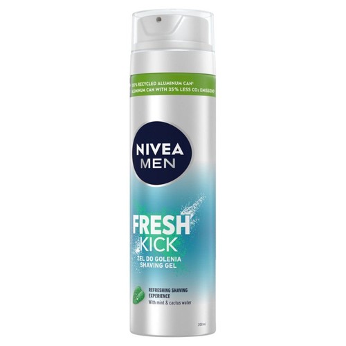 Srebrna puszka żelu do golenia Nivea Men Fresh Kick, 200 ml. Produkt z miętą i wodą kaktusową.
