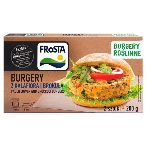Opakowanie Frosta Burgery Roślinne z Kalafiora i Brokuła. Widoczny gotowy burger z warzywami. 2 sztuki, 200 g.