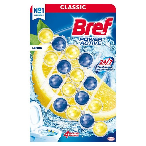 Bref WC Power Active Cytrynowy, klasyczny. Środek do czyszczenia toalet z żółtymi i niebieskimi kulkami na blistrze.