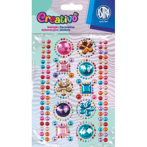 Naklejki dekoracyjne Astra Creativo. Zestaw kolorowych naklejek w kształcie klejnotów i kwiatów, ułożonych w rzędy i ozdobne wzory.