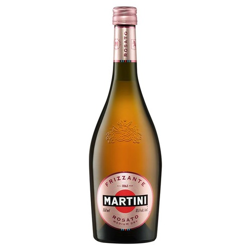 Butelka Martini Rosato Frizzante, wino musujące półwytrawne. Pojemność 750 ml, zawartość alkoholu 11.5%. Na różowej etykiecie widnieje nazwa "Martini", "Rosato Medium Dry" oraz informacja, że produkt jest od 1863 roku.