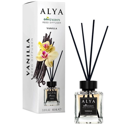 Dyfuzor zapachowy ALYA Nature's Scents Wanilia, 100 ml, z czarnymi patyczkami.