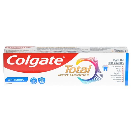 Opakowanie pasty Colgate Total Aktywna Ochrona Wybielająca. Potwierdzona klinicznie, zwalcza główne przyczyny problemów.