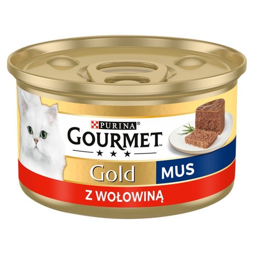 Puszka karmy Purina Gourmet Gold Mus z wołowiną. Na etykiecie biały kot i porcja musu.