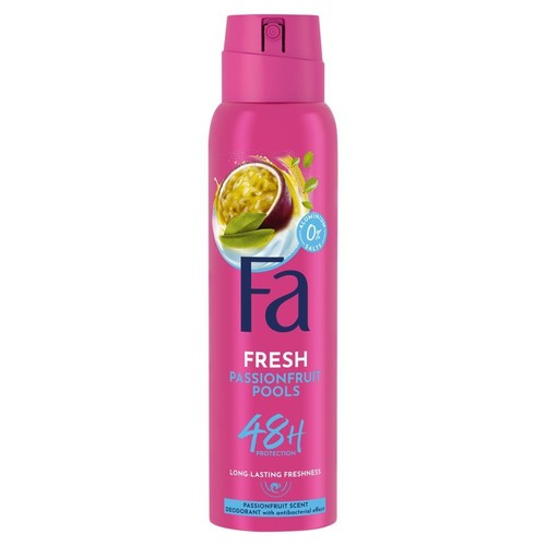 Różowy dezodorant Fa Fresh Passionfruit Pools w sprayu. Zapewnia 48h ochrony, bez soli aluminium. Na etykiecie grafika marakui.