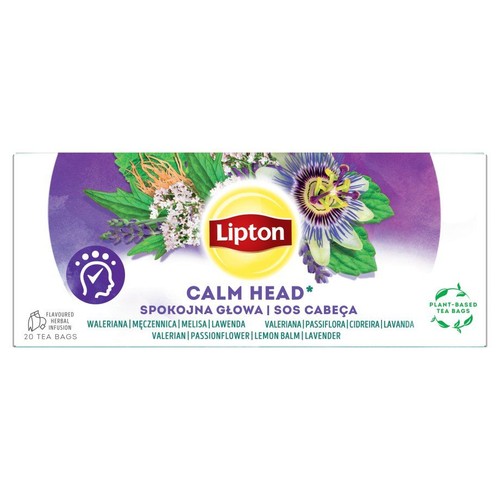 Lipton Spokojna Głowa, napar ziołowy z walerianą, męczennicą, melisą i lawendą.