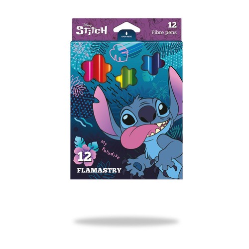 Kolorowe flamastry Disney Stitch, 12 sztuk. Opakowanie przedstawia wesołego Stitcha na tle tropikalnych roślin. U góry widoczne są kolorowe końcówki pisaków w kształcie gwiazdek. Napis "Open Here" na klapce.
