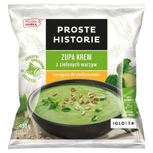 Opakowanie zupy krem z zielonych warzyw Proste Historie, 450g. Na froncie miska zielonej zupy z chrupkami orkiszowymi.