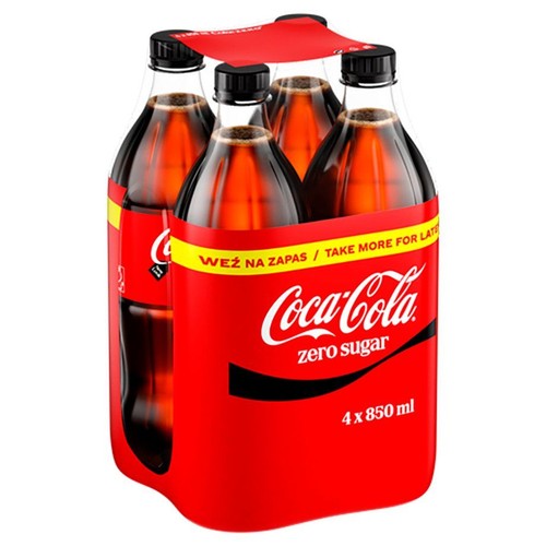Opakowanie zbiorcze Coca-Cola Zero Sugar, 4 butelki o pojemności 850 ml każda.