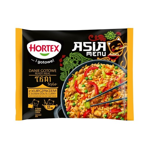 Hortex Asia Menu, Danie Gotowe Thai Style z kurczakiem i sosem żółte curry. Na opakowaniu danie z ryżem, kurczakiem i warzywami.