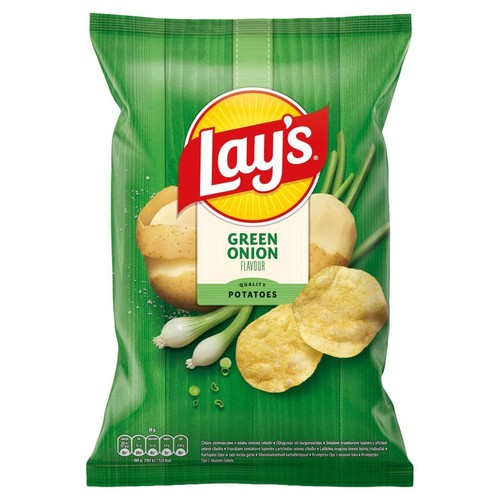 Zielona paczka chipsów Lay's o smaku zielonej cebulki. Na opakowaniu grafika ziemniaków, cebulki i chipsów. Waga 190g.