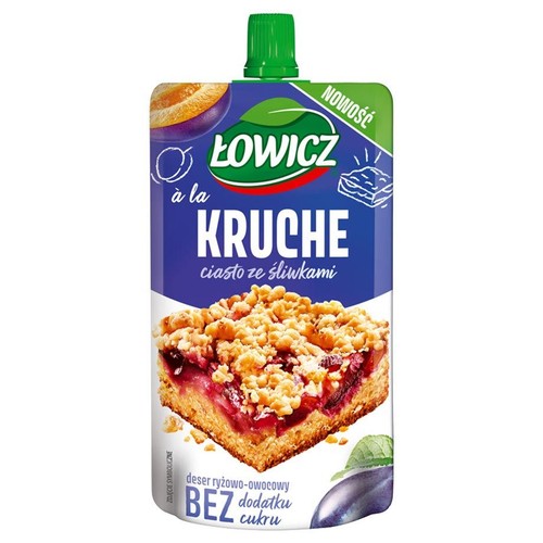 Saszetka Łowicz à la Kruche ciasto ze śliwkami, deser ryżowo-owocowy bez dodatku cukru. Na etykiecie grafika ciasta i śliwek.