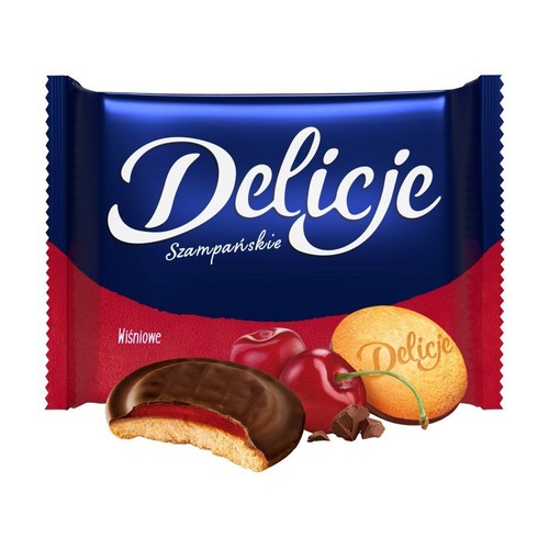 Czerwono-niebieskie opakowanie Delicji Szampańskich Wiśniowych. Grafika przedstawia ciastko w czekoladzie z wiśniowym nadzieniem.