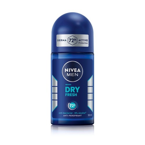 Roll-on NIVEA MEN DRY FRESH, 50 ml, w granatowej butelce z niebieską zakrętką. Etykieta informuje o 72H ochronie.