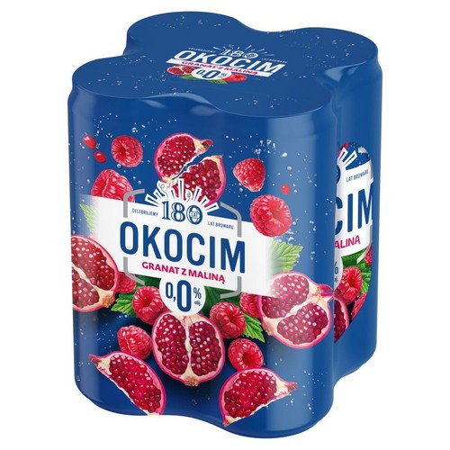 Niebieski 4-pak piwa bezalkoholowego Okocim Granat z Maliną 0,0%. Na opakowaniu widoczne są grafiki całych i przekrojonych granatów oraz świeżych malin. Produkt z okazji 180 lat browaru.