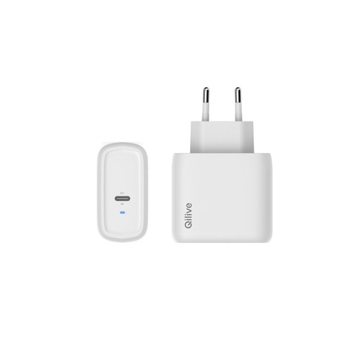 Biała ładowarka sieciowa Qilive z wtyczką europejską i mała biała przejściówka z portem USB-C.