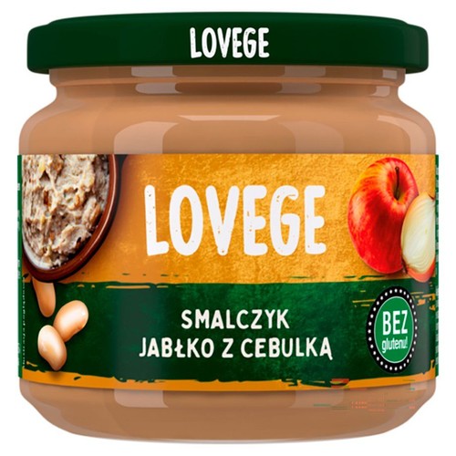 Słoik wegańskiego smalcu Lovege z jabłkiem i cebulą, 175g. Na etykiecie grafika jabłka, cebuli i gotowego produktu. Bezglutenowy.
