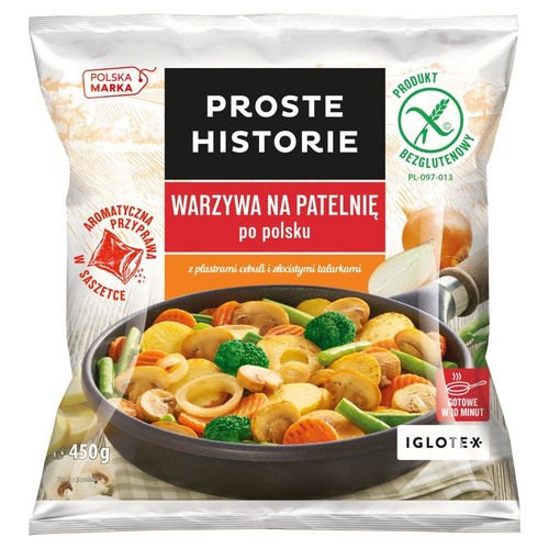 Mrożone warzywa Proste Historie, 450g. Warzywa na patelnię po polsku z cebulą i talarkami ziemniaków. Gotowe w 10 minut.