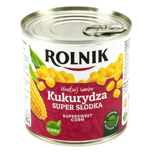 Puszka kukurydzy super słodkiej marki ROLNIK, o wadze 385g. Na etykiecie widnieje grafika kukurydzy. Produkt jest bez dodatku cukru i został zebrany w szczycie sezonu, co podkreśla jego świeżość i smak.