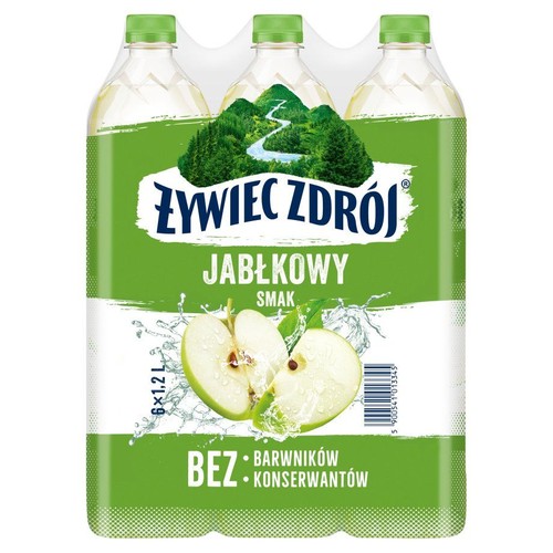 Zgrzewka sześciu przezroczystych butelek wody Żywiec Zdrój o smaku jabłkowym, każda o pojemności 1.2 litra. Zielona etykieta przedstawia górski krajobraz z rzeką oraz grafikę przekrojonego zielonego jabłka. Produkt jest bez barwników i konserwantów.