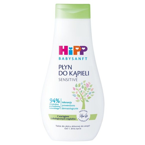 Biała butelka płynu do kąpieli HiPP Babysanft Sensitive 350 ml z zieloną nakrętką. Przeznaczony dla skóry wrażliwej, od 1. dnia życia.