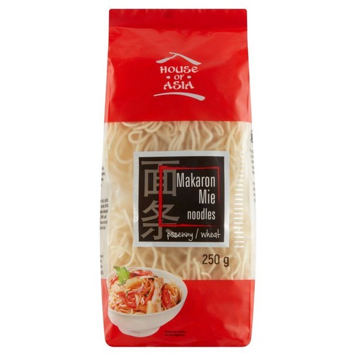 Opakowanie makaronu Mie pszennego House of Asia, 250 g. Przezroczysta folia ukazuje jasne, cienkie nitki makaronu.